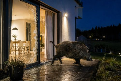 Divočák prorazil skleněné dveře domu v Plzni - Lhotě. Střepy zranily mladého muže