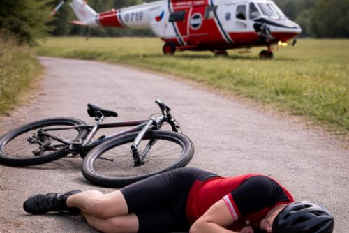 Pes vběhl cyklistovi pod kolo. Zraněného transportoval vrtulník, majitelka má problém